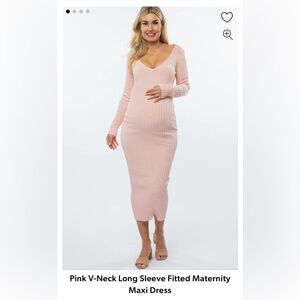 Pink V-Neck Long Sleeve Fitted Maternity Maxi Dress